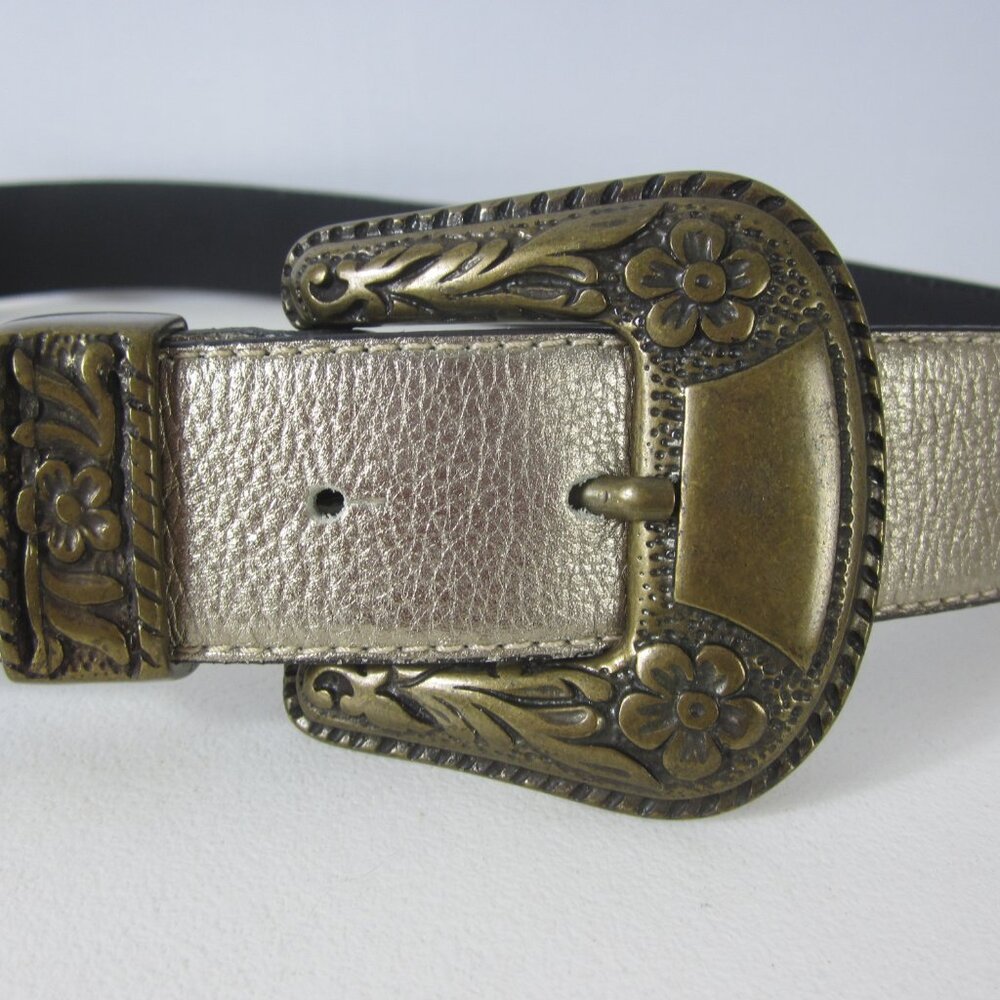 NEW Blugaya Womens XL Gold Leather Statement Belt Brass Floral Buckle  Italy